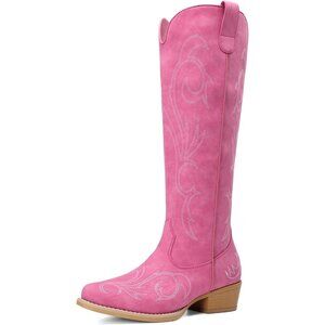 Women's Pink Embroidered Comfortable Cowgirl Knee High Boots Pull On Side Zipper